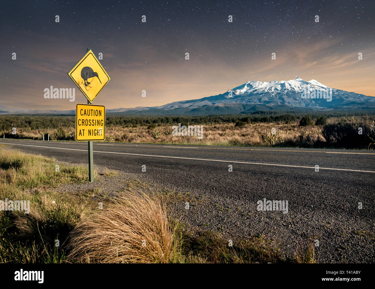 Kiwi crossing sign la nuit prochaine à Mount Ruapehu enneigé dans le parc national de Tongariro. Banque D'Images Kiwi crossing sign la nuit prochaine à Mount Ruapehu enneigé dans le parc national de Tongariro. Banque D'Images