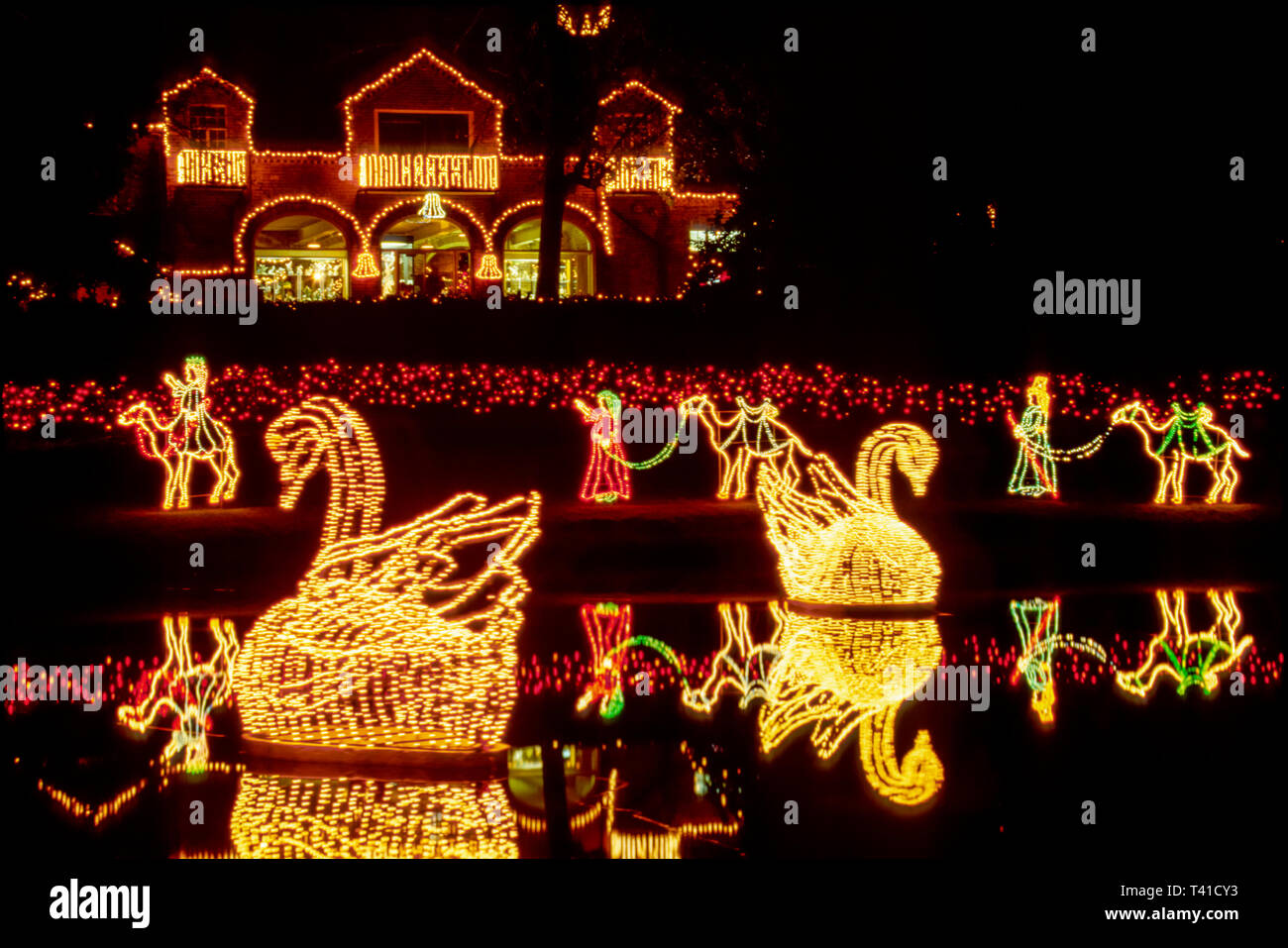 Alabama Theodore Bellingrath Gardens Mirror Lake Magic Christmas in Lights, spectacle de nuit annuel Banque D'Images