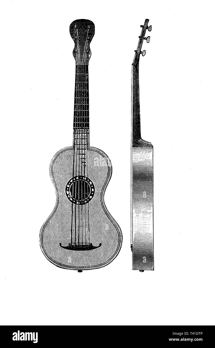 Gravure d'époque décrivant le détail d'une guitare à partir de perspectives différentes Banque D'Images