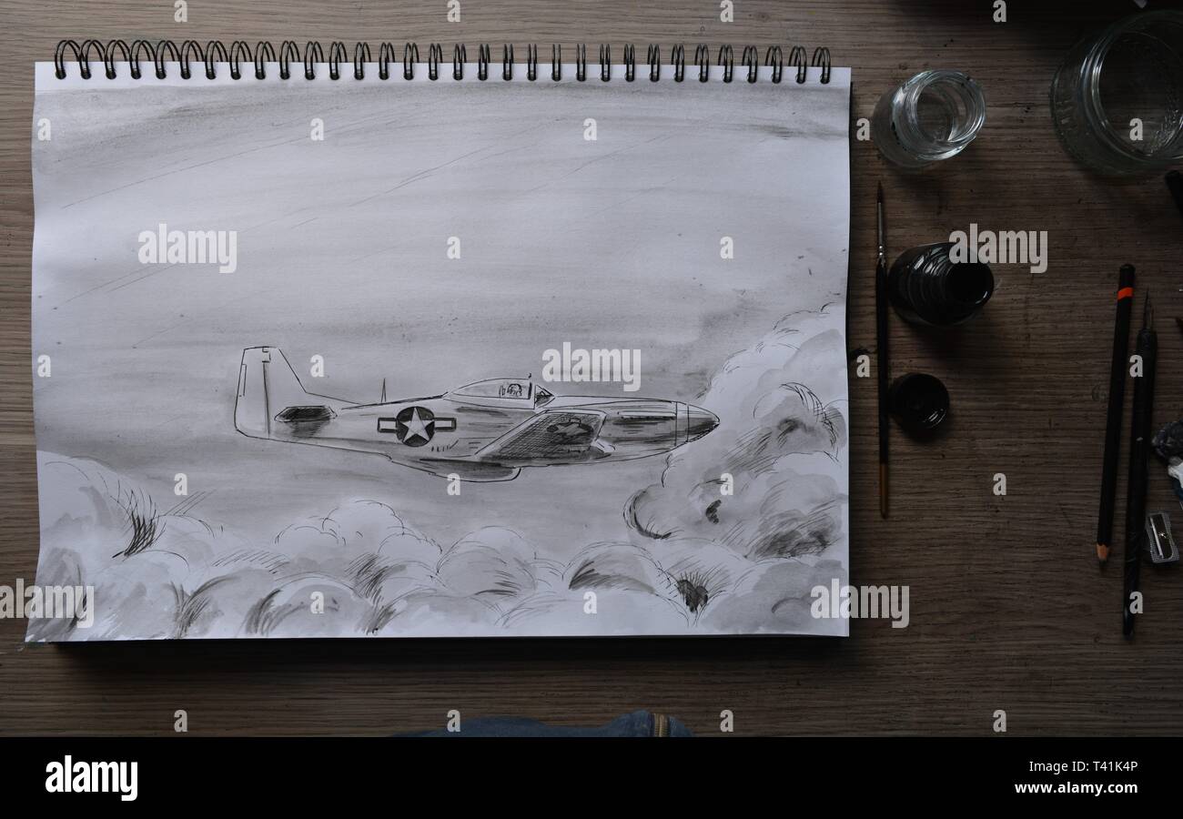 Sketchbook dessin dans étapes de P 51 Mustang . Crayon, Stylo et encre et lavis à l'encre. Banque D'Images