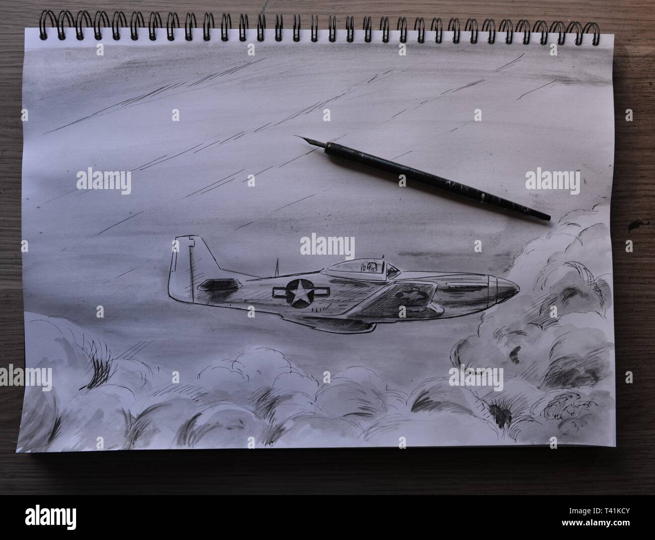 Sketchbook dessin dans étapes de P 51 Mustang . Crayon, Stylo et encre et lavis à l'encre. Banque D'Images