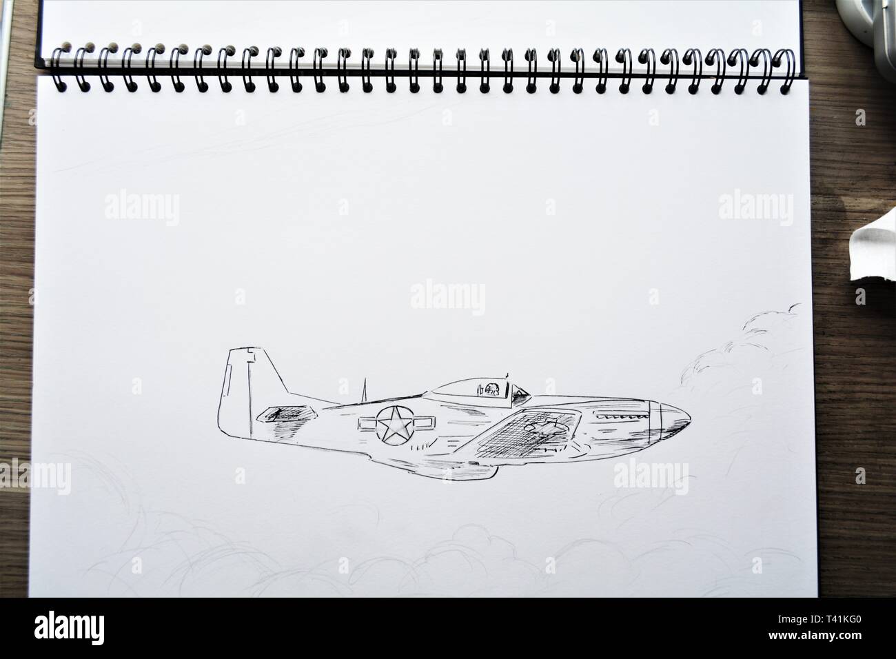Sketchbook dessin dans étapes de P 51 Mustang . Crayon, Stylo et encre et lavis à l'encre. Banque D'Images
