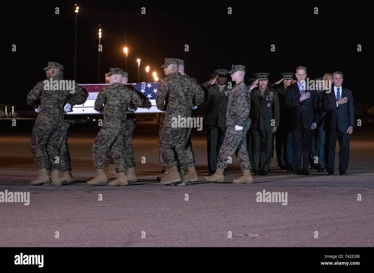 Les membres du parti officiel, y compris le gouverneur John Carney (démocrate du Delaware), sergent-major du Corps des Marines des États-Unis Ronald Green, US Marine Corps, le général Robert B. Neller, Commandant de la Marine Corps, et le secrétaire américain de la Défense par intérim Patrick M. Shanahan, saluer comme un report de l'US Marine Corps participe à l'équipe de transfert digne la boîte de transfert contenant les restes de United States Marine Corps Le sergent Christopher A. Slutman à Dover Air Force Base à Dover, Delaware le 11 avril 2019. Il est mort à la suite d'une bombe d'accotement en Afghanistan le 8 avril, Banque D'Images