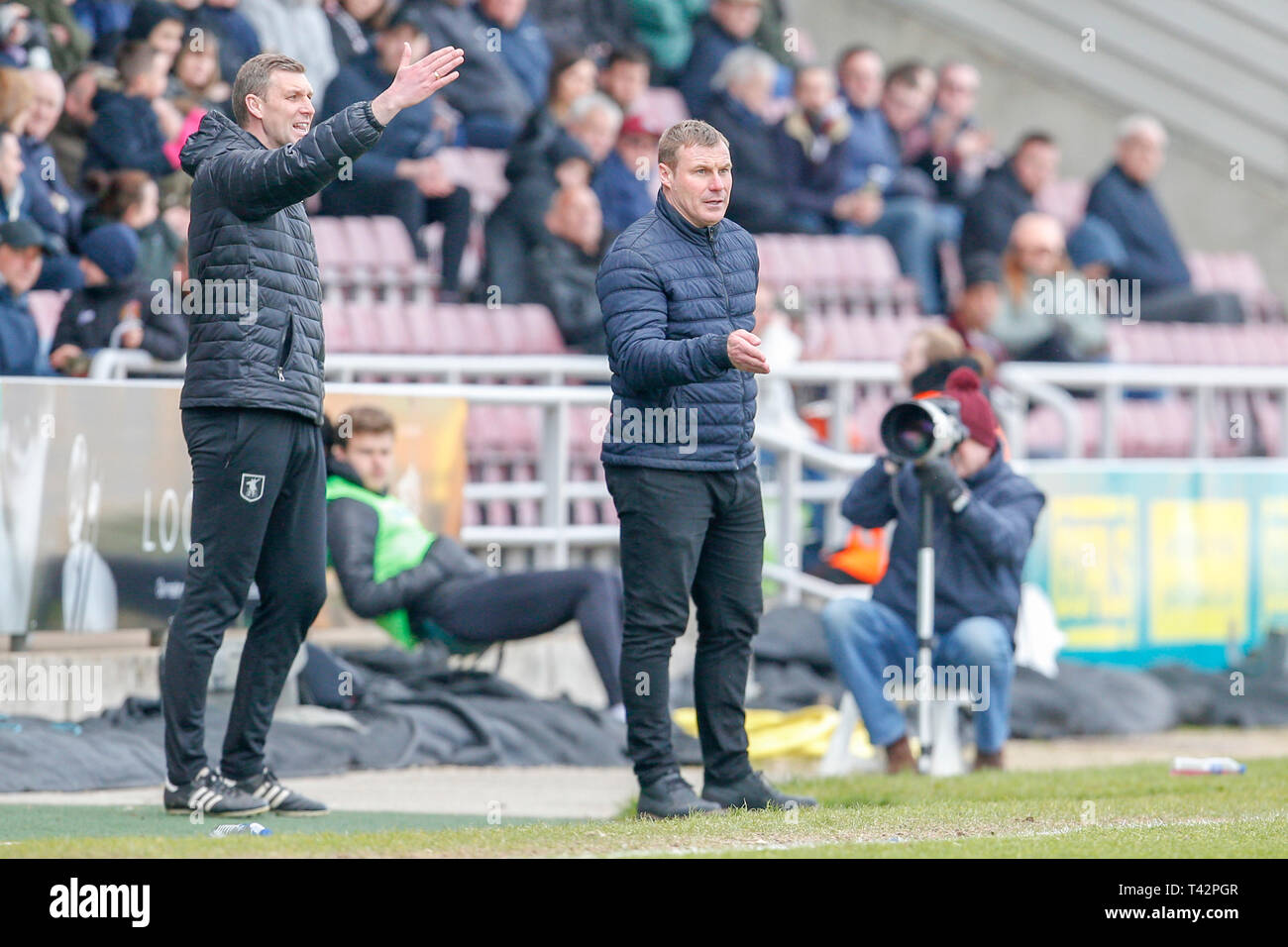 NORTHAMPTON, en Angleterre. 12 avril. Mansfield Town's manager David Flitcroft durant la seconde moitié du ciel parier match de Ligue 2 entre la ville de Northampton et Mansfield Town au PTS Academy Stadium, Northampton le samedi 13 avril 2019. (Crédit : John Cripps | MI News) usage éditorial uniquement, licence requise pour un usage commercial. Aucune utilisation de pari, de jeux ou d'un seul club/ligue/dvd publications. Photographie peut uniquement être utilisé pour les journaux et/ou à des fins d'édition de magazines. Ne peut être utilisé pour les publications impliquant 1 joueur, 1 ou 1 concours club sans autorisation écrite de foot Banque D'Images