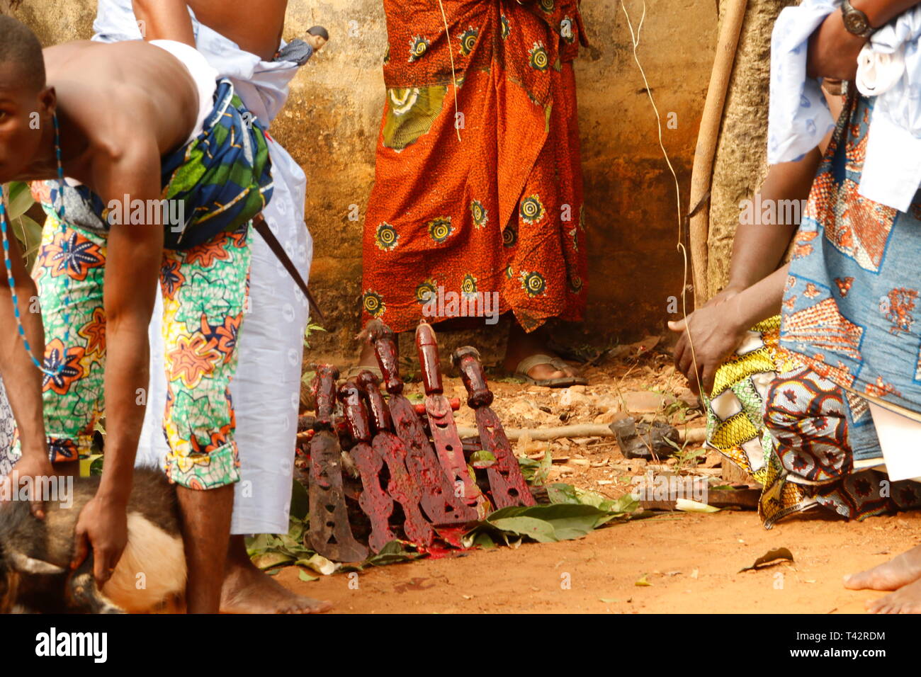 Ouidah, Bénin, festival vaudou au centre de Ouidah, le 10 janvier. Rituels vaudou. Banque D'Images