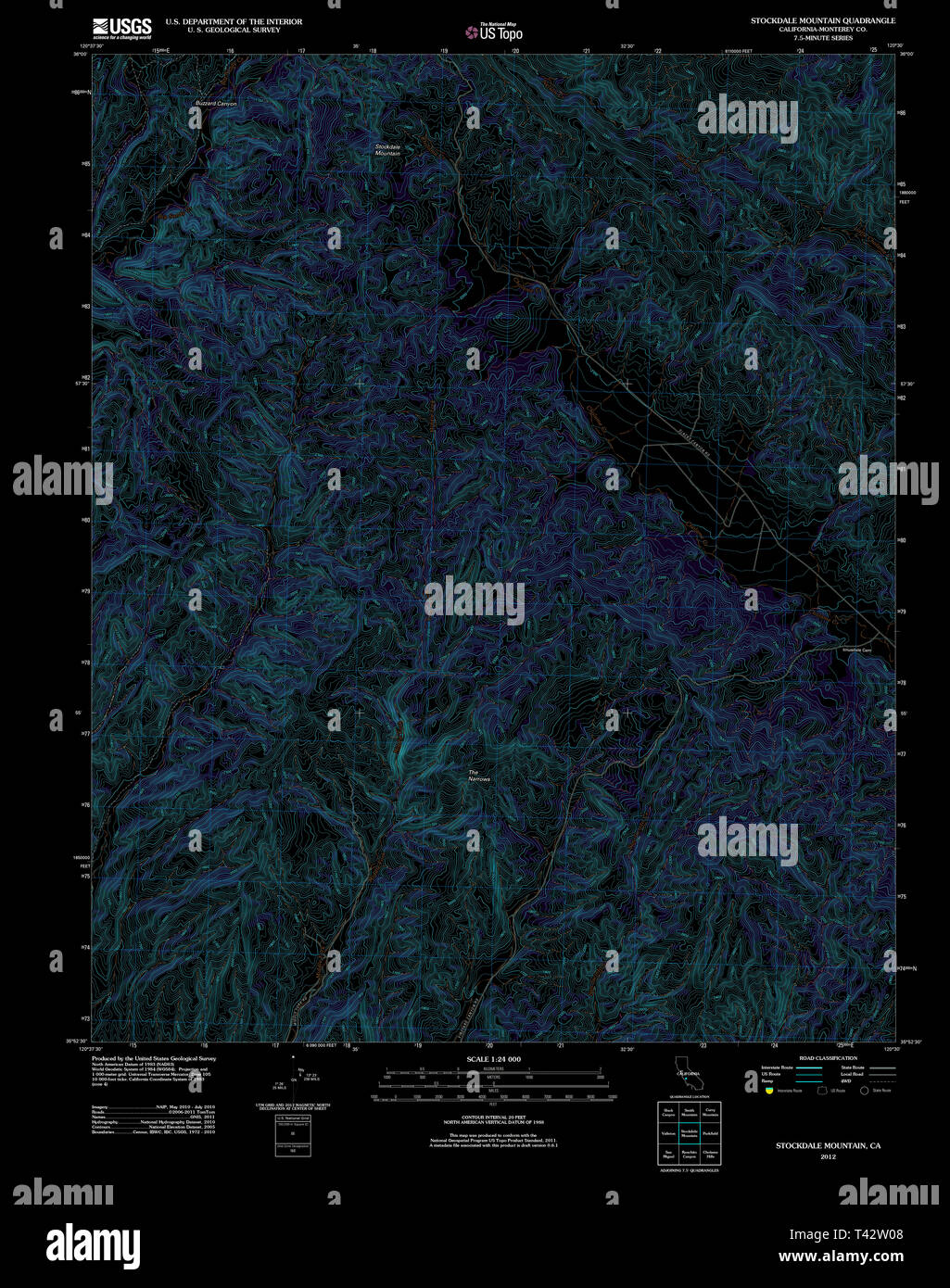 Carte TOPO USGS Californie CA Stockdale Mountain 20120229 TM Restauration inversé Banque D'Images