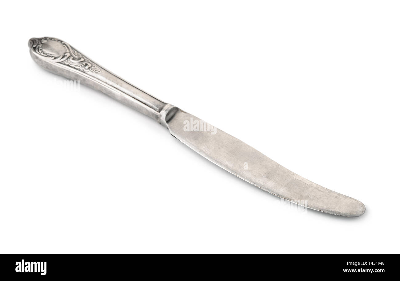 Table Old silver knife isolated on white Banque D'Images