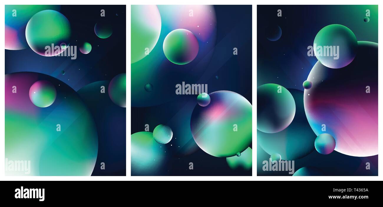 Scène de fantaisie avec les planètes et les étoiles dans l'espace sombre, colorée de l'univers, l'ensemble de la mode de conception couvre avec gradient de formes, Vector illustrati Illustration de Vecteur