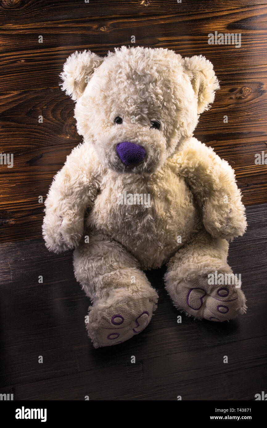 Fait à la main personnalisé blanc Ours en peluche avec nez violet sur fond sombre Banque D'Images