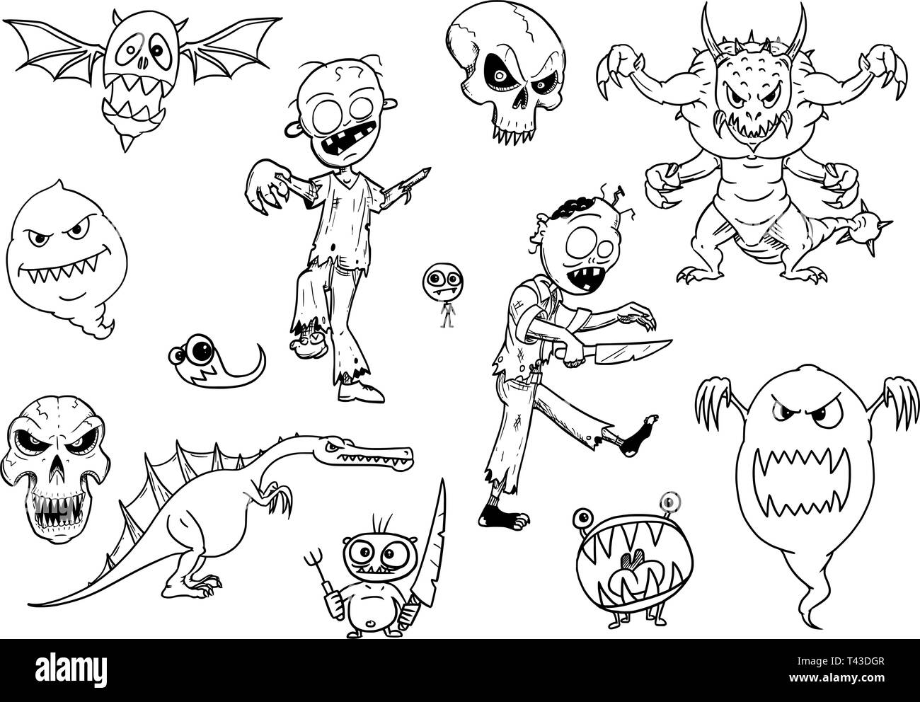 Ensemble de dessins dessins vectoriels des monstres comme halloween zombie, fantôme, démon et flying skull. Des créatures dangereuses, mais mignonne. Illustration de Vecteur
