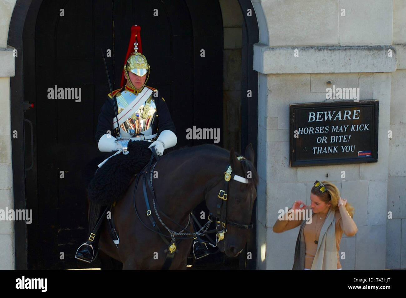Royal Horse Guards (Blues) Régiment le service de sentinelle au Horse Guards Whitehall, Westminster, Londres, Angleterre. Banque D'Images