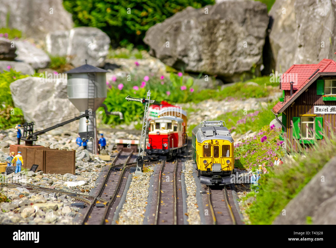 Un train du chemin de fer modèle sur l'île de Mainau, sur le lac de Constance, Allemagne, passe par l'image. Banque D'Images