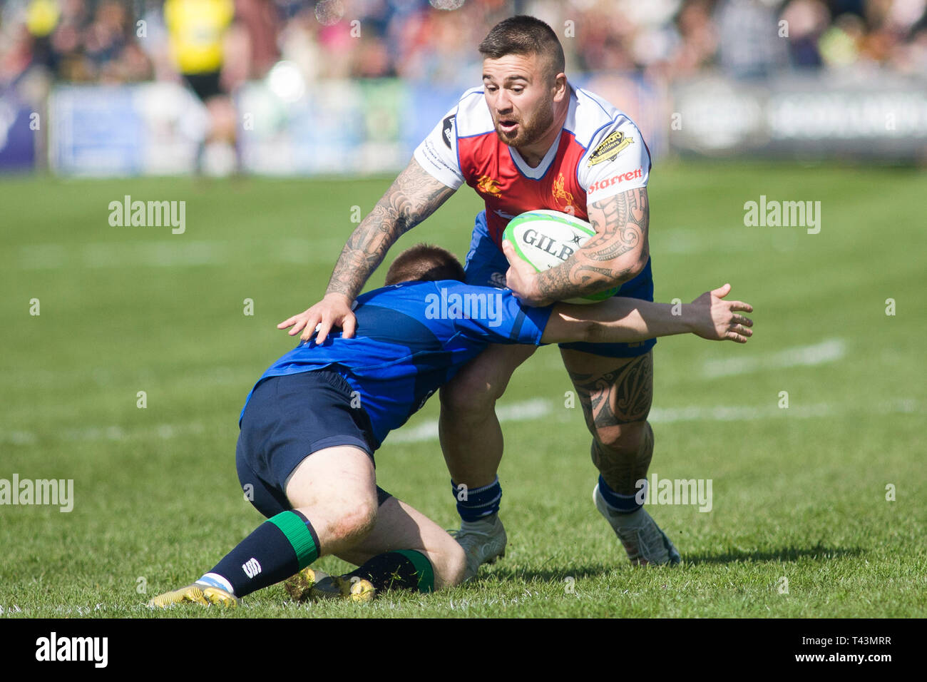 Melrose, ÉCOSSE - 13 avril 2019. Action de l'ASI Melrose Sevens deuxième tour et betweenBoroughmuir Jed-Forest RFC RFC à la Greenyards Banque D'Images