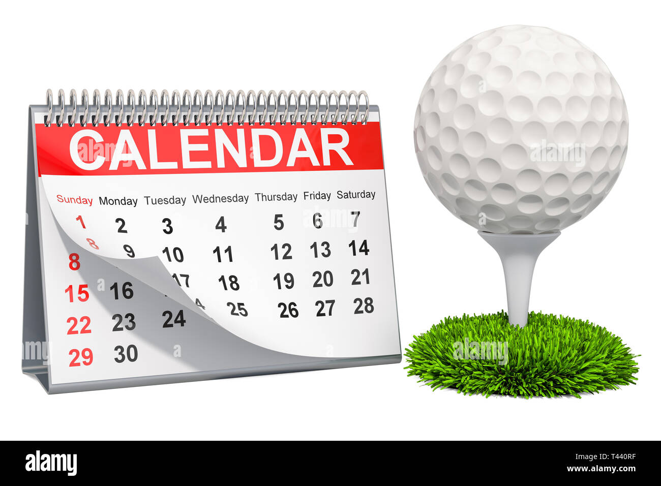 Balle de Golf avec calendrier, golf events calendar concept. Le rendu 3D isolé sur fond blanc Banque D'Images