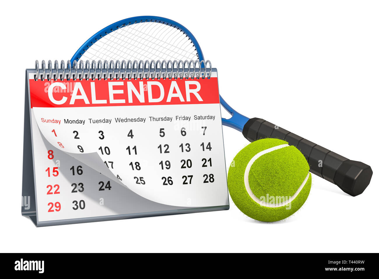 Balle de tennis avec tennis, Calendrier événements calendrier concept. Le rendu 3D isolé sur fond blanc Banque D'Images