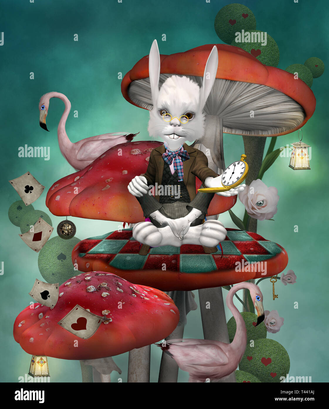 Avec un réveil lapin assis sur un champignon rouge dans un paysage fantastique Banque D'Images