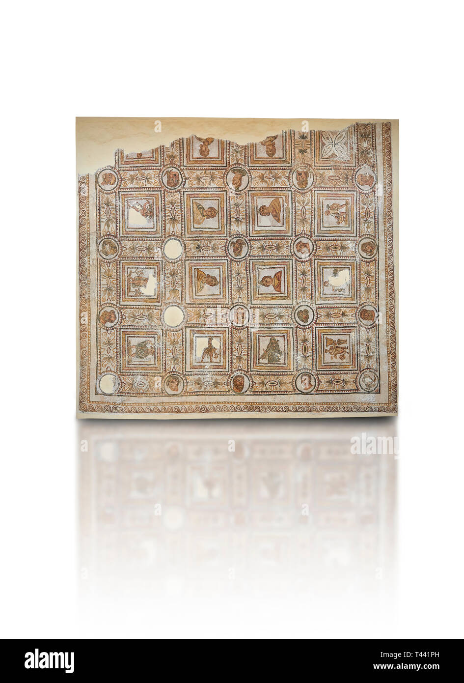 Photo d'une mosaïque romaine représentant les Muses design à l'intérieur de médaillons, de l'antique ville romaine de Thysdrus. 3e siècle. El Djem archéologique Banque D'Images