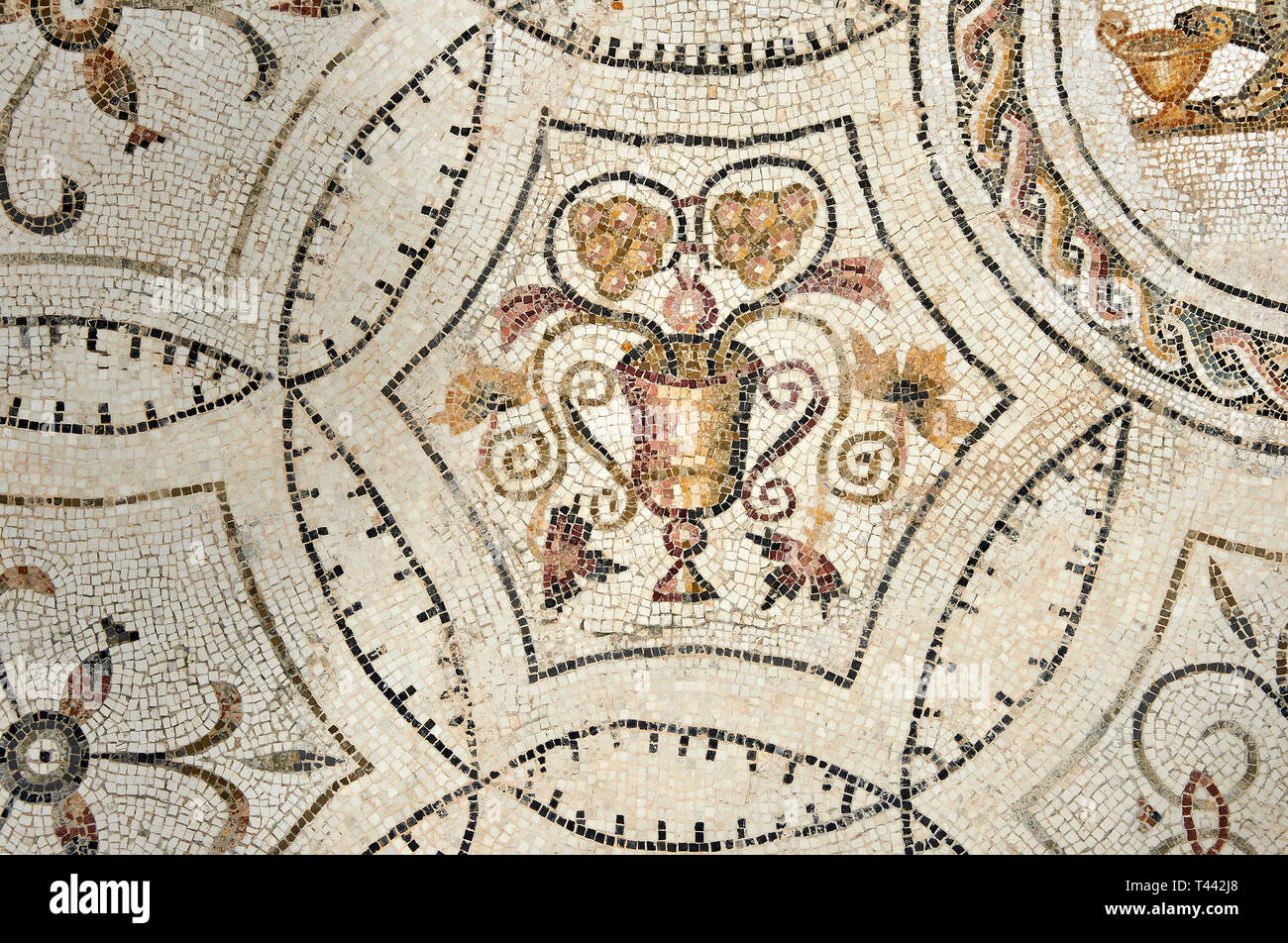 Photo d'une mosaïque romaine dionysiaque conception de haut niveau représentant une lionne et une panthère en face d'un cratère de vin, de l'antique ville romaine de Thysdrus. 3e Banque D'Images
