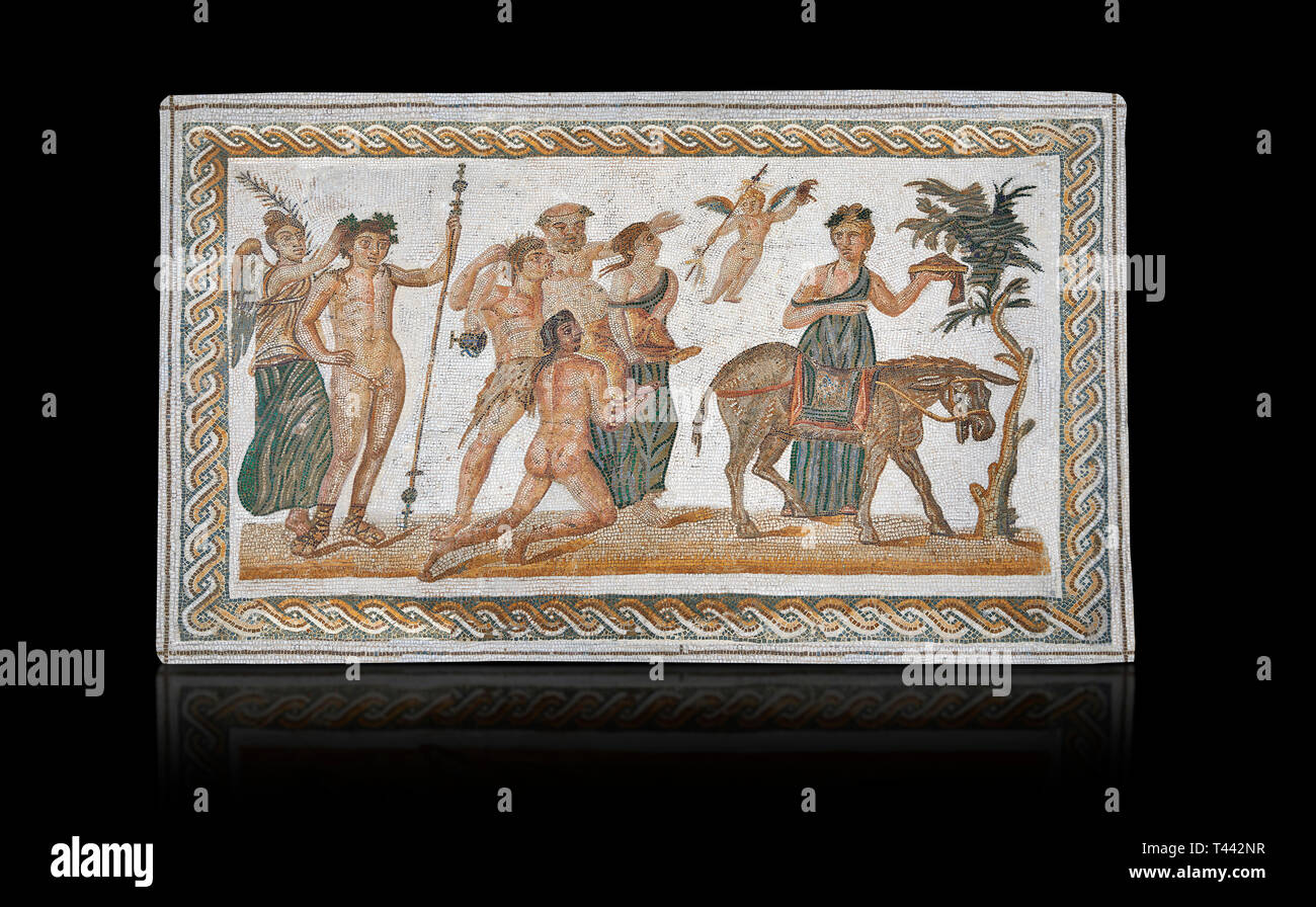 Photo d'une conception mosaïque romaine représentant des scènes de la vie de Dionysos, à partir de l'ancienne ville romaine de Thysdrus, Chambre des fleurs. La fin de 2e à e Banque D'Images