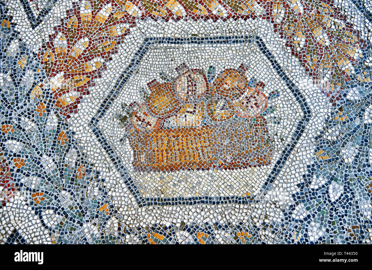 3e siècle mosaïque romaine de bord de grenades dans un panier de Thugga, en Tunisie. Le Musée du Bardo, Tunis, Tunisie. Banque D'Images