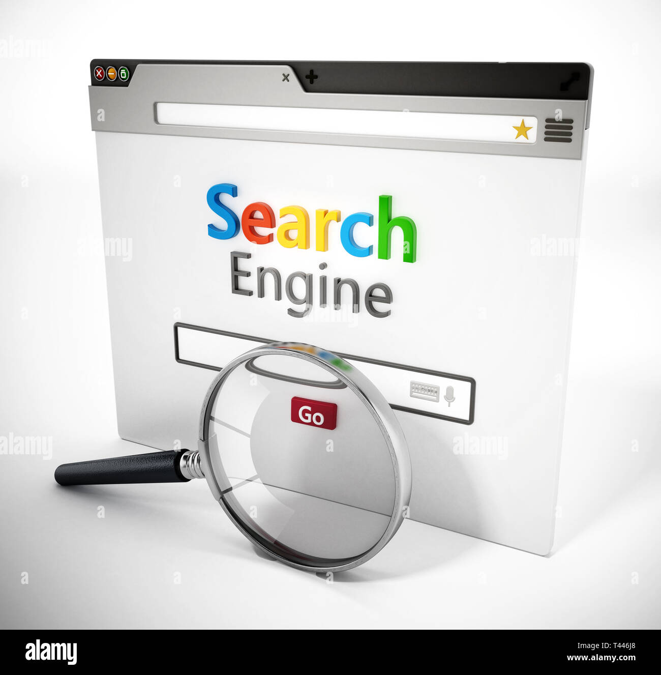 Loupe sur moteur de recherche fictif site web. 3D illustration. Banque D'Images