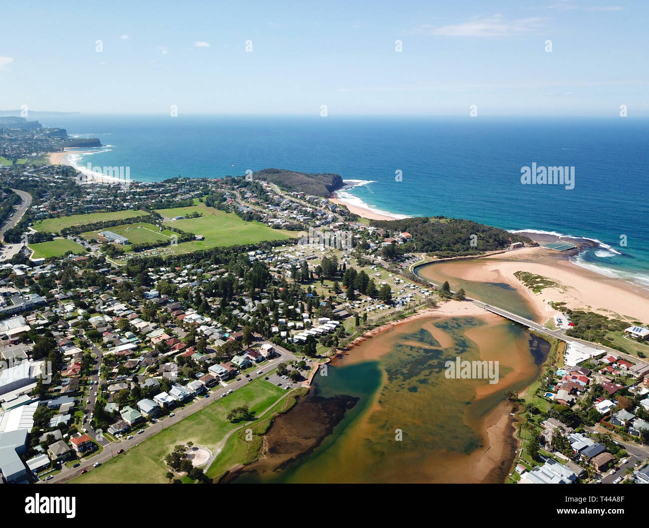Vue aérienne de Narrabeen Narrabeen Nord, lagon Rockpool, Turimetta beach et Mona Vale beach. Côte de la mer de Tasman à Sydney. Banque D'Images