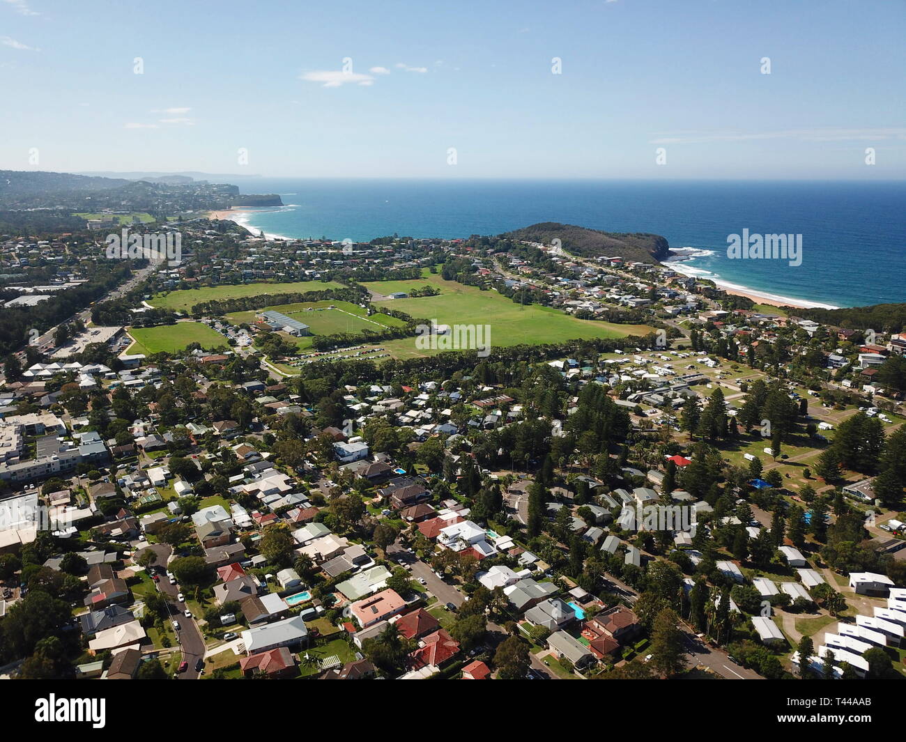 Vue aérienne de Turimetta beach et Mona Vale beach. Côte de la mer de Tasman à Sydney. Banque D'Images