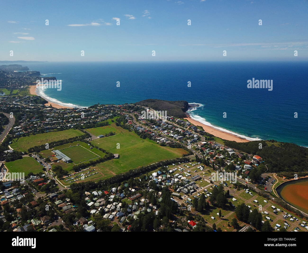 Vue aérienne de Turimetta beach et Mona Vale beach. Côte de la mer de Tasman à Sydney. Banque D'Images