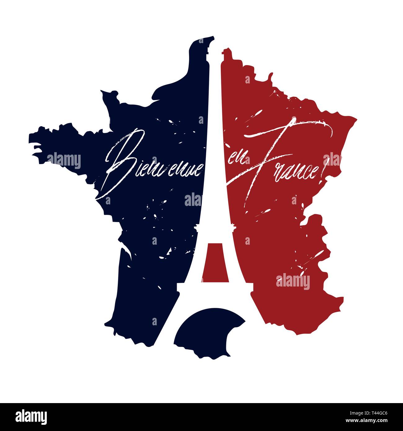 Poster Bienvenue en France. Carte de France peint aux couleurs du drapeau avec la silhouette de la Tour Eiffel. Illustration de Vecteur