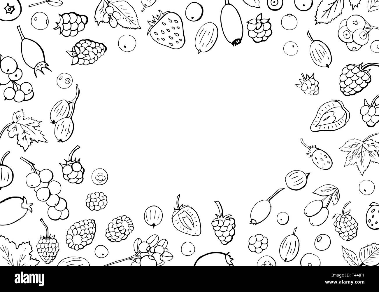 Grande collection de différents types de fruits avec de l'espace pour le texte. Ensemble de petits fruits d'été noir et blanc. Illustration de Vecteur