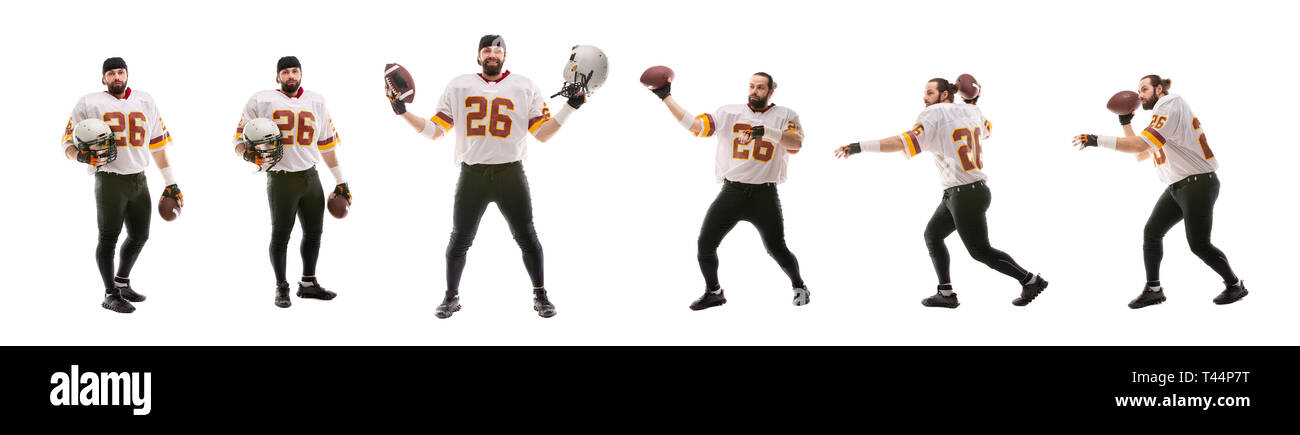 Joueur de football américain barbu posant en uniforme blanc Banque D'Images