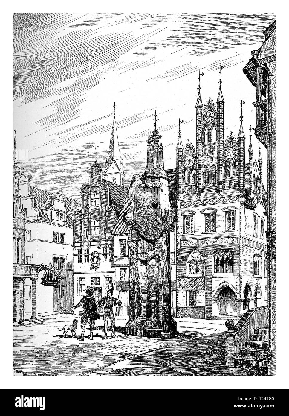 Roland de Brême est une statue de Roland de 1404 à la place du marché de Brême, Allemagne. Paladin Roland du premier empereur romain saint Charlemagne est montré en tant que protecteur de la ville avec l'épée légendaire, dégainé à 5 mt. de hauteur avec colonne pris en charge et baldaquin. Banque D'Images