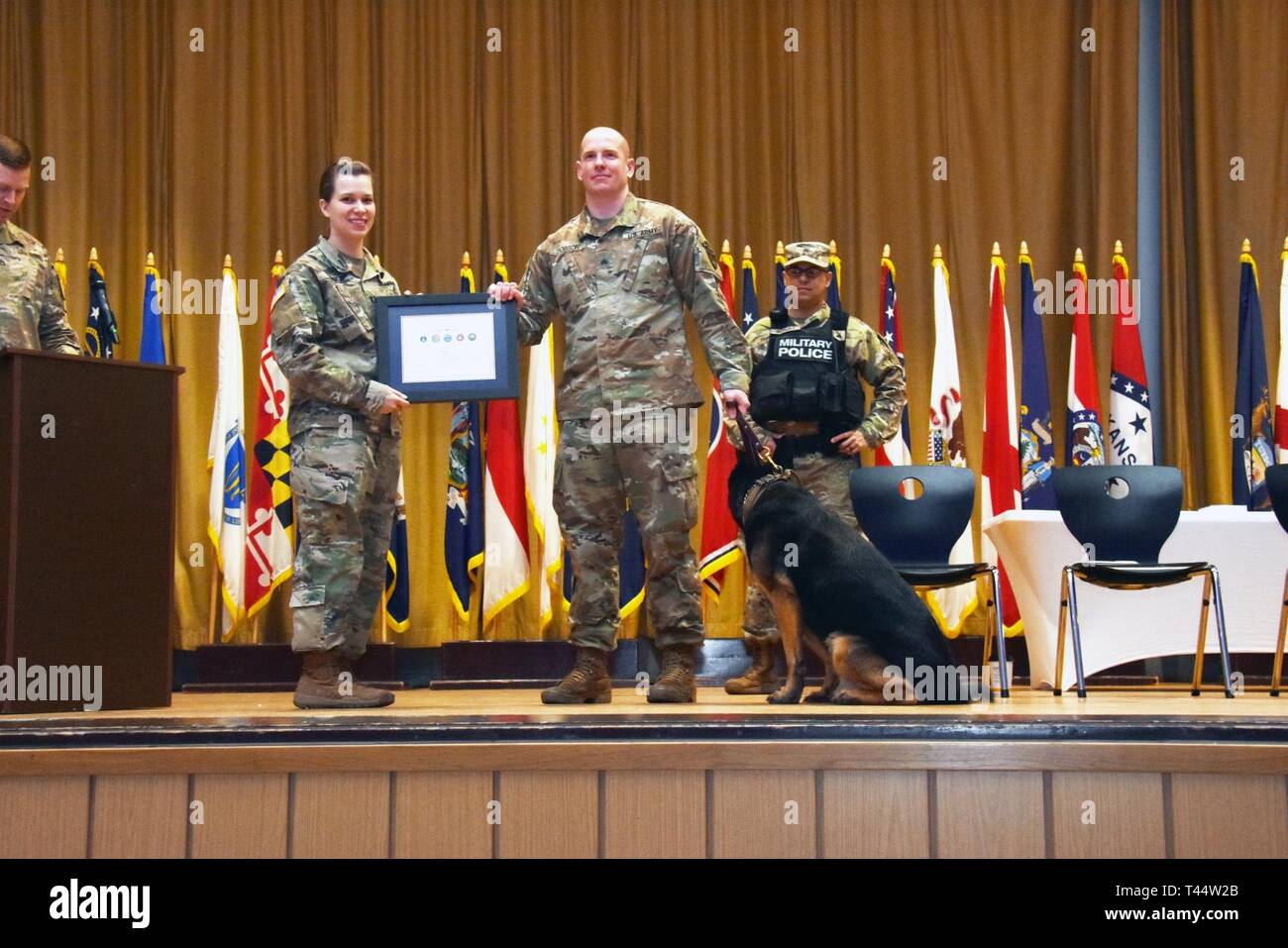 WIESBADEN, Allemagne - Beny revient sur son maître, le Sgt. Ryan Borjas, comme le Sgt. Mathew Dobson accepte un prix sur Beny's nom du Capitaine Jennifer Lenz, commandant de la 529e Compagnie de Police militaire. Beny, un chien de travail militaire, qui a pris sa retraite le 22 février après 10 ans de service militaire, a été adopté par Dobson. Banque D'Images