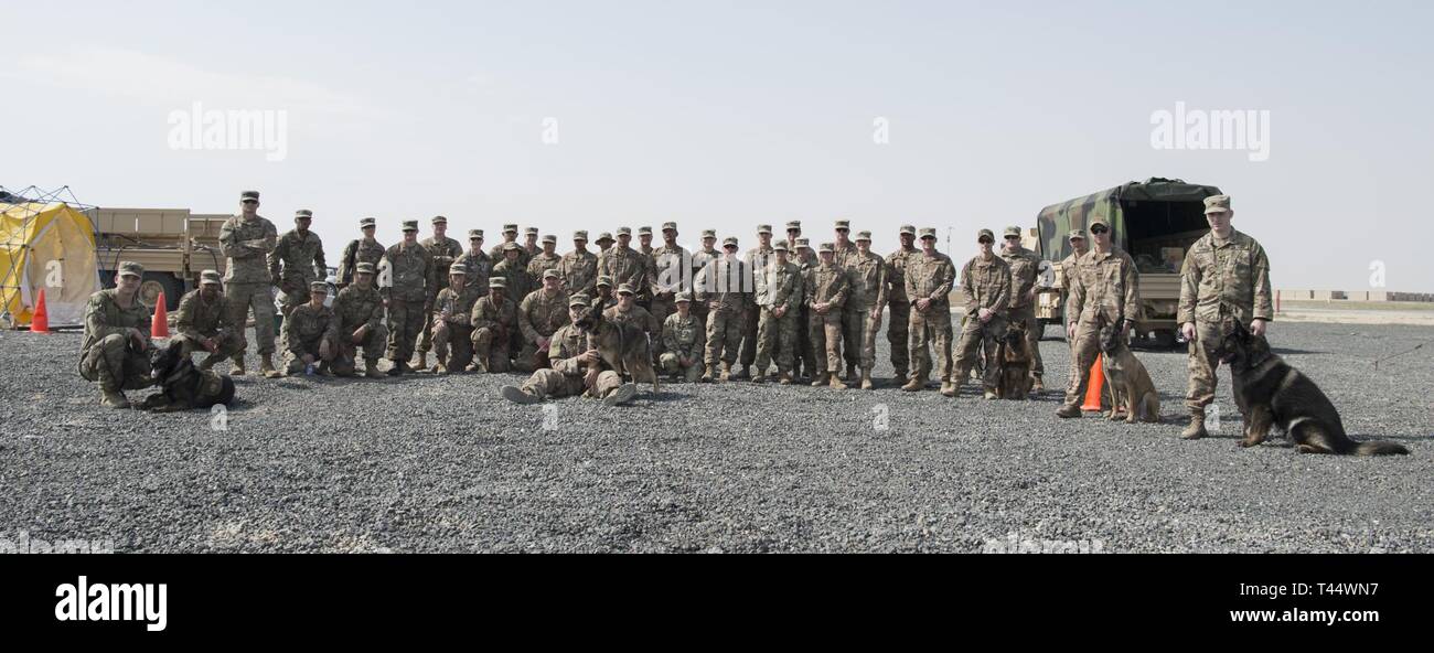 Aviateurs et soldats défendent une photo après un incident chimique, biologique, radiologique et nucléaire dispensé dans un endroit inconnu en Asie du Sud-Ouest, le 22 février 2019. La formation CBRN pour les chiens de travail militaire n'est pas faite régulièrement dans les Forces armées, qui en fait une expérience d'apprentissage unique pour les gestionnaires, médecins, MWD spécialistes CBRN et les techniciens vétérinaires. Banque D'Images