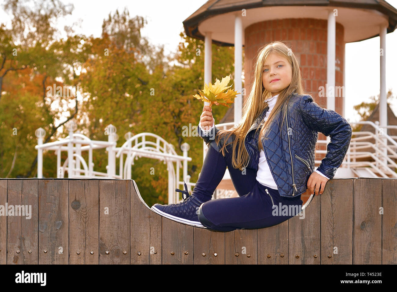 Portrait of cute little girl. enfant model holding autumn leaves Banque D'Images