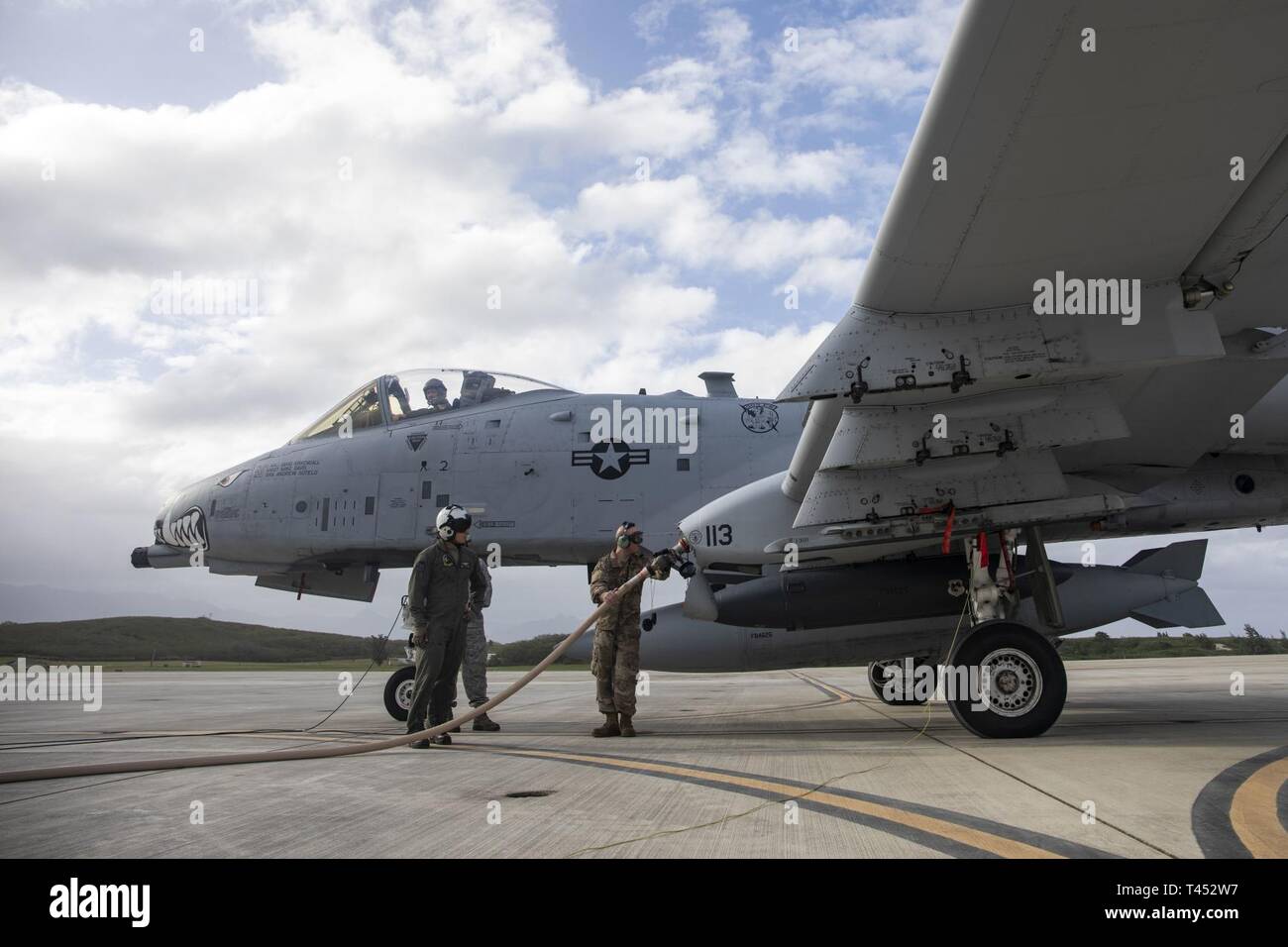 Les aviateurs américains avec la 442e Escadre de chasse, Whiteman Air Force Base, procéder à un armement de l'avant et l'essence de l'exercice avec les moyennes de l'escadron à rotors basculants (VMM) 268 au Marine Corps Air Station La Baie de Kaneohe, Marine Corps Base New York, 27 février 2019. L'exercice a utilisé un MV-22B Osprey aéronefs affectés à VMM-268 pour passer à un carburant A-10 Thunderbolt II Aéronefs d'attaque, augmentant le temps de vol et l'amélioration de l'interopérabilité entre les deux branches. Banque D'Images