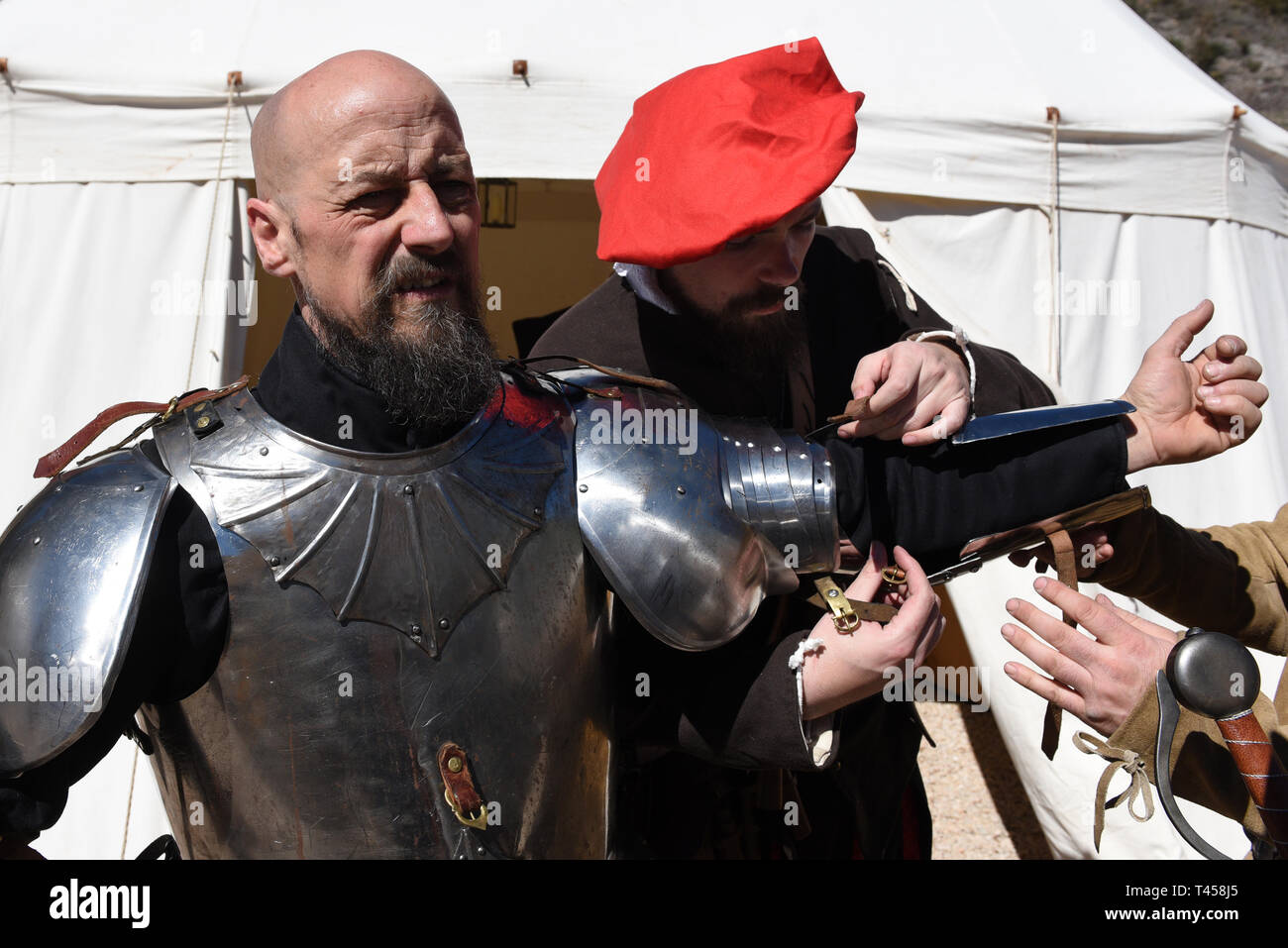 Acteurs historiques vu prendre part à une reconstitution de la guerre des communautés de Castille en Soria, région de Castilla y León, Espagne. La Révolte des Comuneros ou la guerre des communautés de Castille, 1520-1521 a été un soulèvement de citoyens de Castille contre le règne du roi Charles V et son administration. Juan Lopez de Padilla (1490-1521), Juan Bravo (ch. 1483-1521) et Francisco Maldonado (1480-1521), les leaders de la révolte, ont été exécutés en Villalar de los Comuneros en 1521. Banque D'Images