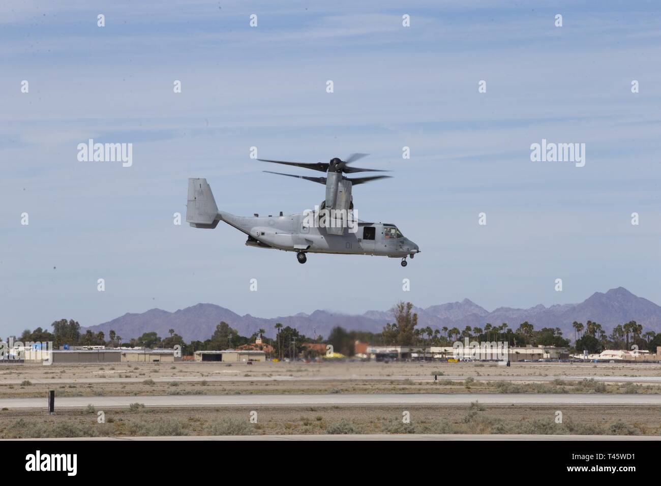 Une MV-22B Osprey avec VMX-1 démontre ses capacités, lors de l'Airshow 2019 Yuma au Marine Corps Air Station(MCM) Yuma (Arizona), samedi 18 mars, 2019. L'airshow est MCAS Yuma's seulement militaire de l'aéronautique de l'année et donne à la communauté une occasion de voir des relevés aériens et terrestres pour perfromers gratuitement lors de l'interaction avec les Marines et les marins. Banque D'Images