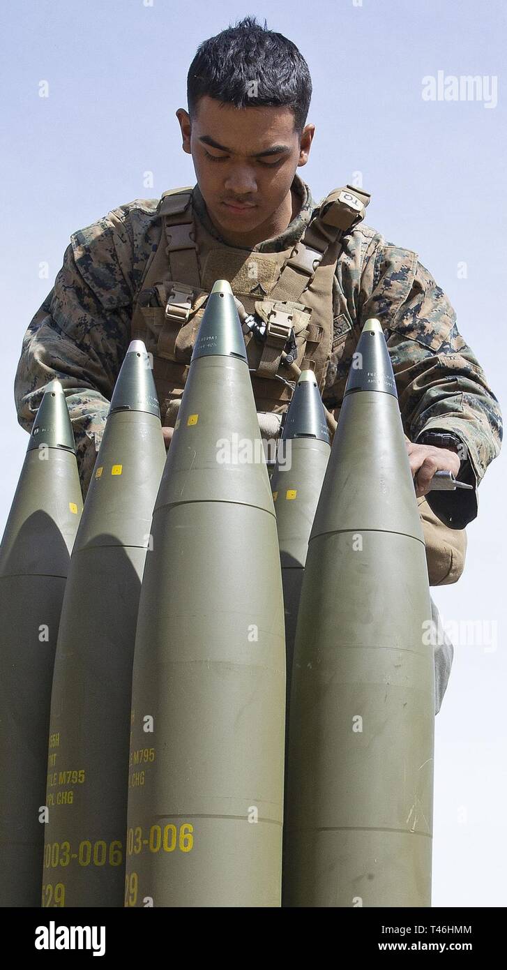 Un U.S. Marine avec Alpha Batterie, 1er Bataillon, 10e Régiment de Marines, 2e Division de marines, prépare un M795 des projectiles explosifs au cours de la préparation au combat du Corps des marines de l'évaluation (MCCRE) pendant l'Exercice Rolling Thunder 1-19 sur Ft. Bragg, N.C., 12 mars 2019. L'MCCRE est une évaluation de l'ensemble de la batterie l'efficacité au combat. Banque D'Images