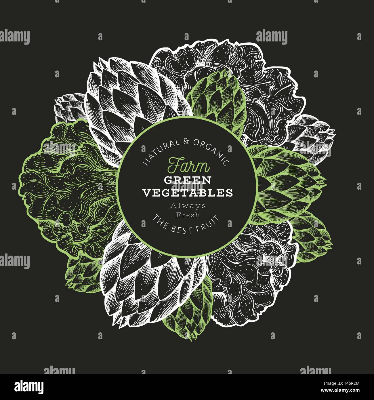 Les légumes verts modèle. Hand drawn vector illustration alimentaire sur tableau. Châssis de légumes style gravé. Botanique rétro bannière. Illustration de Vecteur