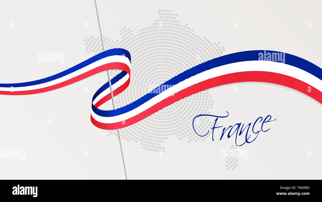 Illustration Vecteur de résumé en pointillés radial carte de France de demi-teintes et ruban ondulé avec des couleurs du drapeau national français pour votre conception Illustration de Vecteur