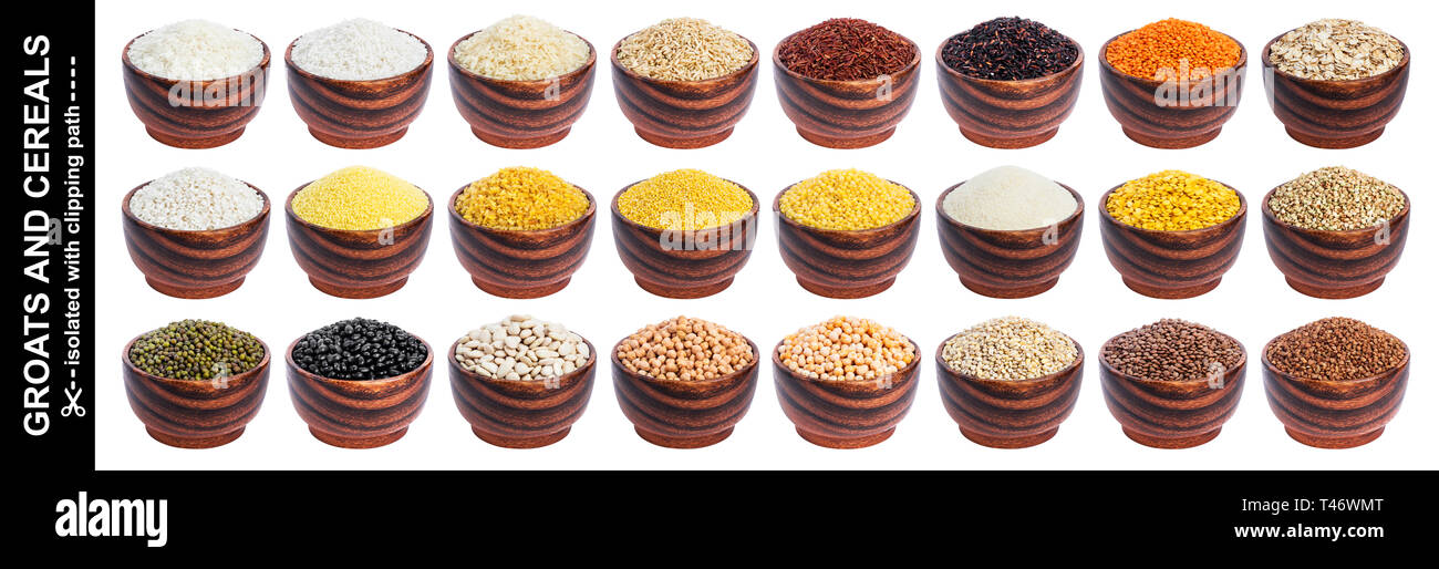 Différentes céréales, grains et flocons isolé sur fond blanc avec clipping path Banque D'Images