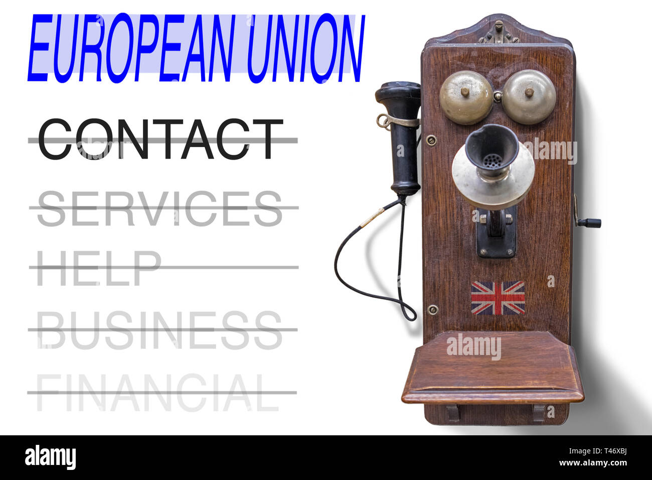 Sur le mur, un ancien téléphone. Sur le côté du mur nous voir des mots écrits interdits : CONTACT, aide, commerciaux, financiers. Un pas en arrière dans le temps Banque D'Images