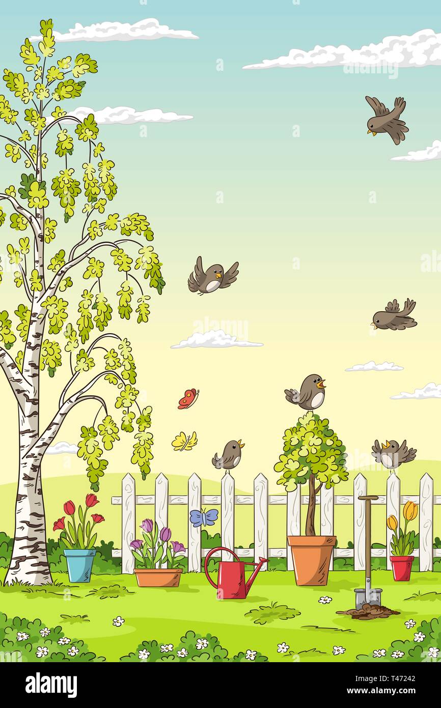 Paysage de printemps avec les oiseaux, les fleurs, les arbres et les outils de jardinage. Illustration de Vecteur