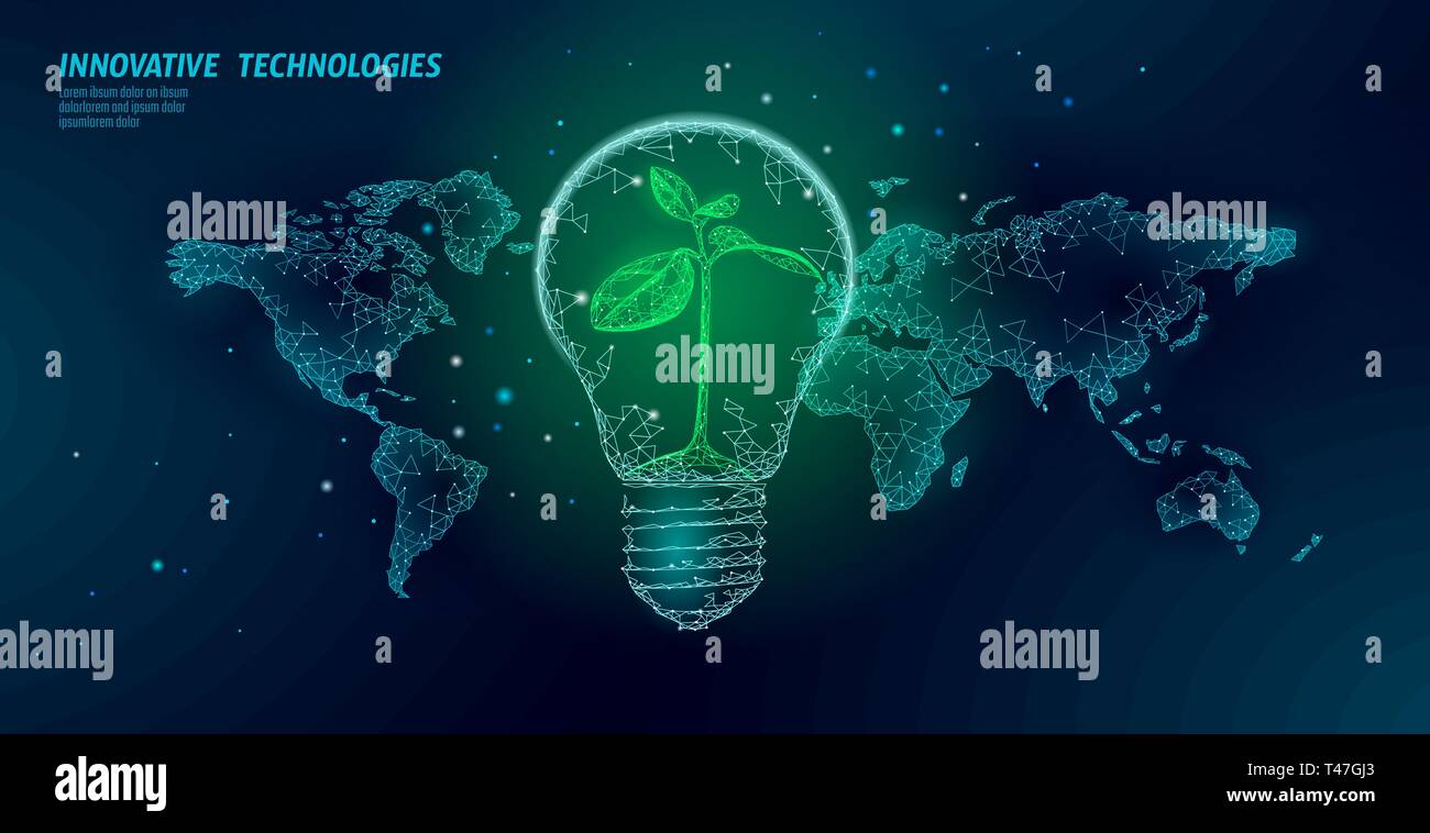 Ampoule avec petite plante sur la carte du monde. L'économie d'énergie lampe écologie environnement sprout idée concept. L'énergie verte L'électricité lumière polygonale power Illustration de Vecteur