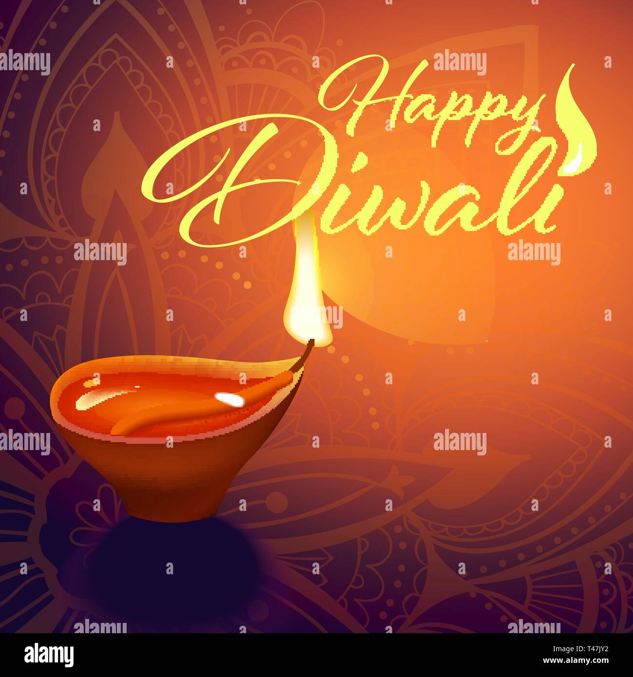 Carte postale pour Diwali festival avec lampe indien réaliste avec feu flamme et mandala. Happy Diwali concept, en 1914. Typographie affiche ou logo pour Illustration de Vecteur