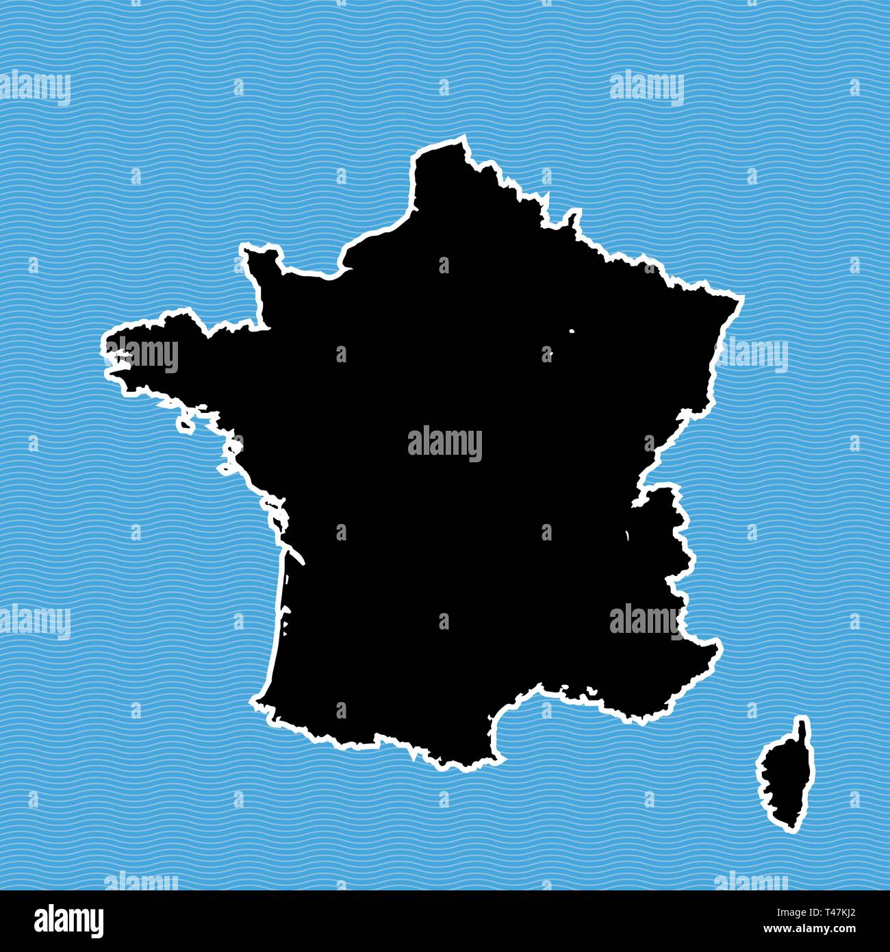 France carte en île. Carte noire séparés sur fond de l'eau vague bleue. Illustration de Vecteur
