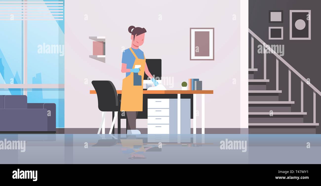 Table ordinateur nettoyage ménagère avec duster woman wiping travail 24 fille de poussière ménage intérieur appartement moderne concept femme cartoon Illustration de Vecteur