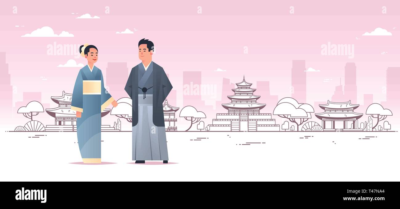 Asian couple portant des vêtements traditionnels homme femme en costume ancien comité permanent des caractères chinois ou japonais sur paysage bâtiments pagode Illustration de Vecteur