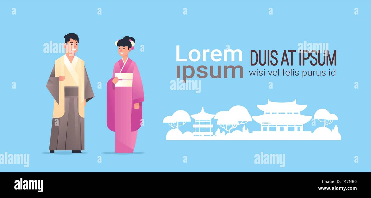Asian couple portant des vêtements traditionnels homme femme en costume ancien comité permanent des caractères chinois ou japonais sur les bâtiments de la pagode Illustration de Vecteur